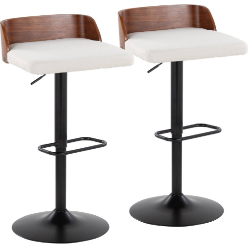 Maya Adjustable Swivel Bar Stool in Black Metal, Walnut Wood & Cream Fabric (Set of 2)